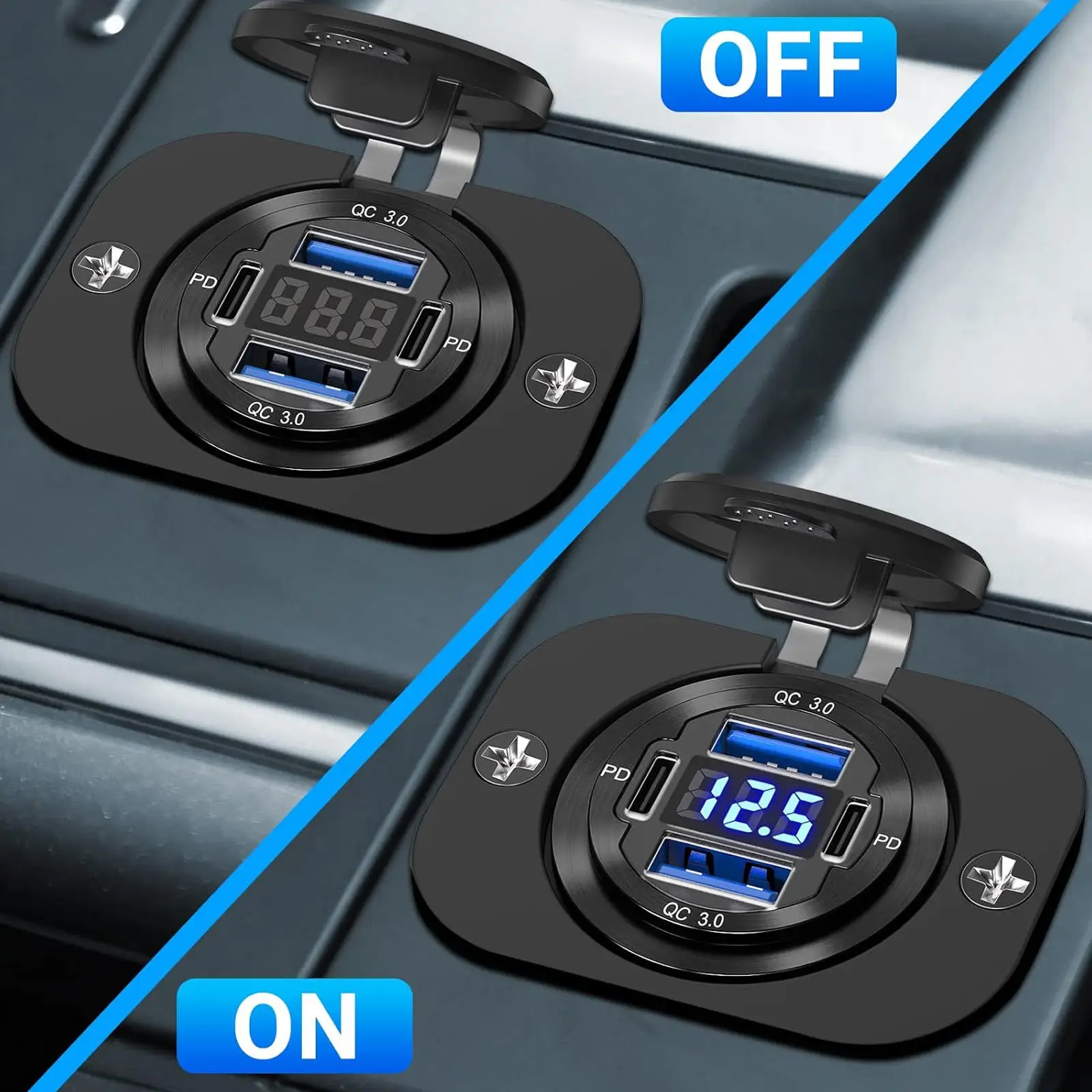 Quad-port USB and Type C Charger Socket Dual PD and Dual QC3.0 Fast Charging Triple Port Car Charger