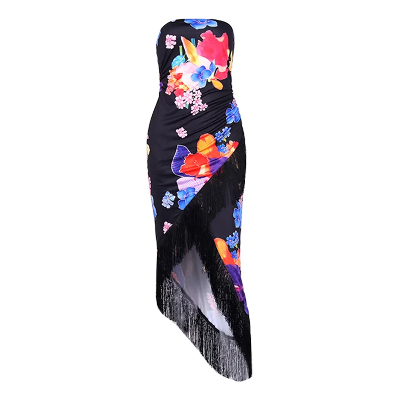 2023 Summer Hot Sale Sexy Party Tassel Dress Off Shoulder Floral Print Bodycon Fringed Slit Wrap Dress Fashion Beach Maxi Dress