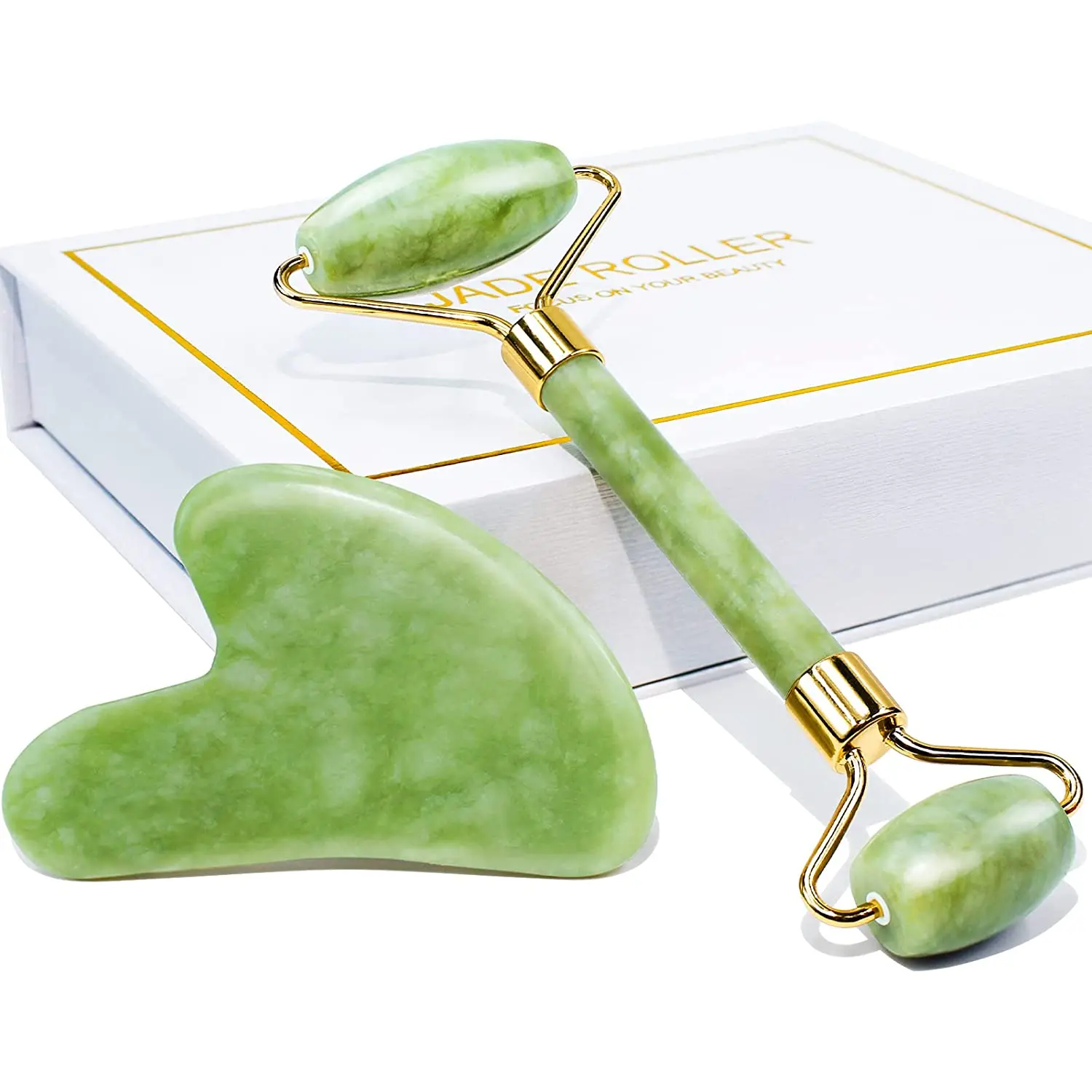 Face Jade Roller and Gua Sha Set Facial Beauty Skin Care Tool Rose Quartz Massager for Face Eyes Neck Relieve Wrinkles
