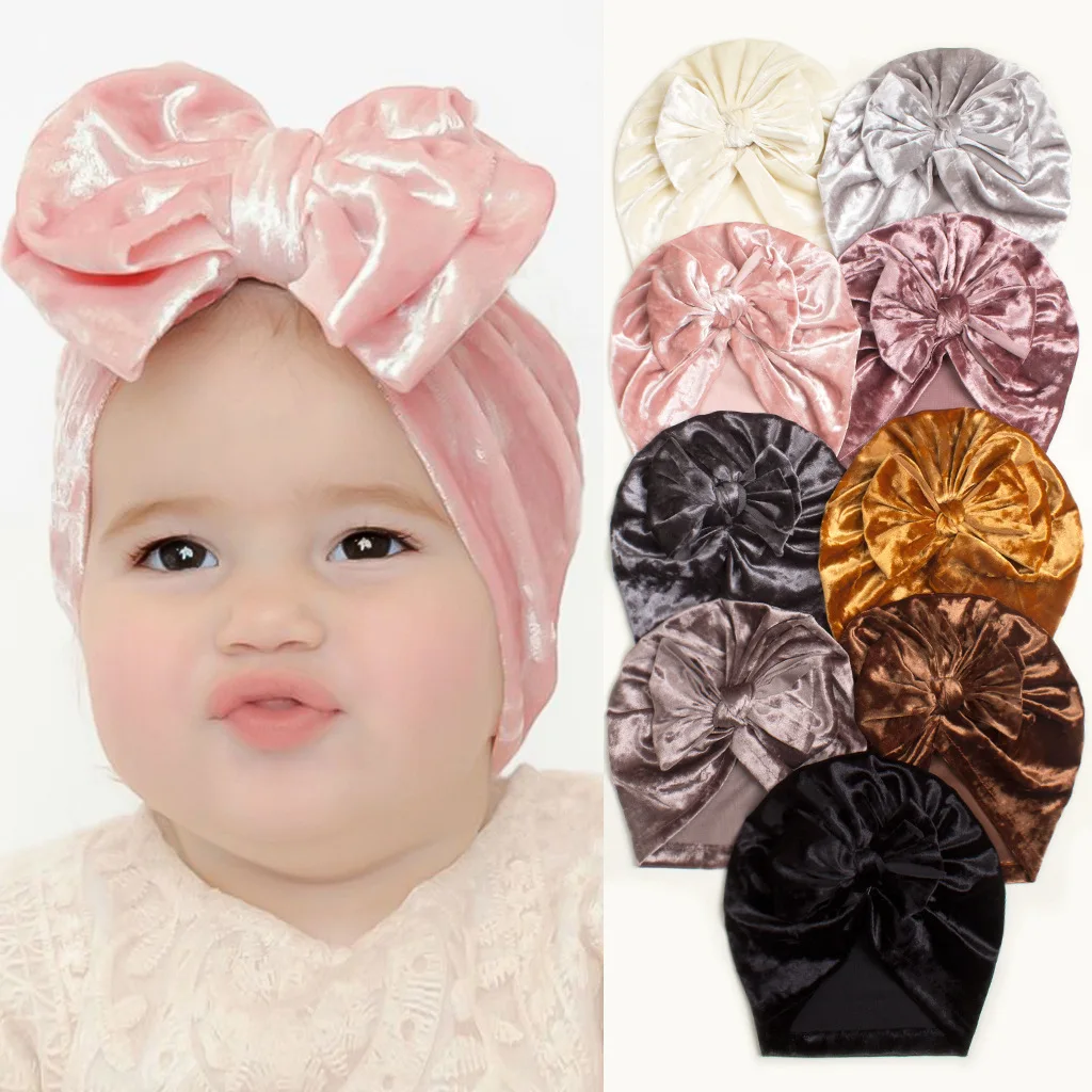Hot Sells European American Autumn Newborn Baby Velvet Turban Bow Headband Warm Soft Turban Hat Cap