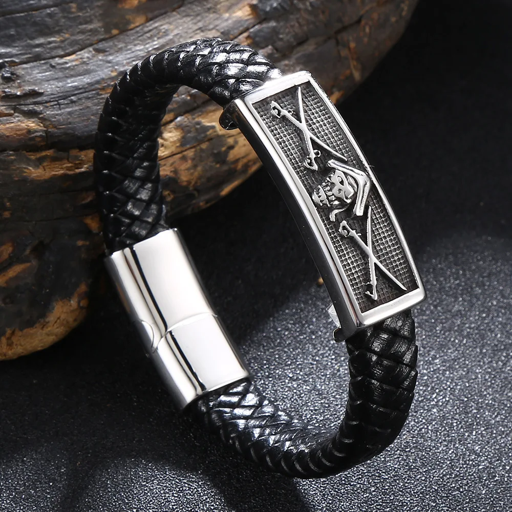 Wholesale Stainless Steel Pirate Sword Charm Magnet Clasp Braided Genuine Leather Bracelet For Men
