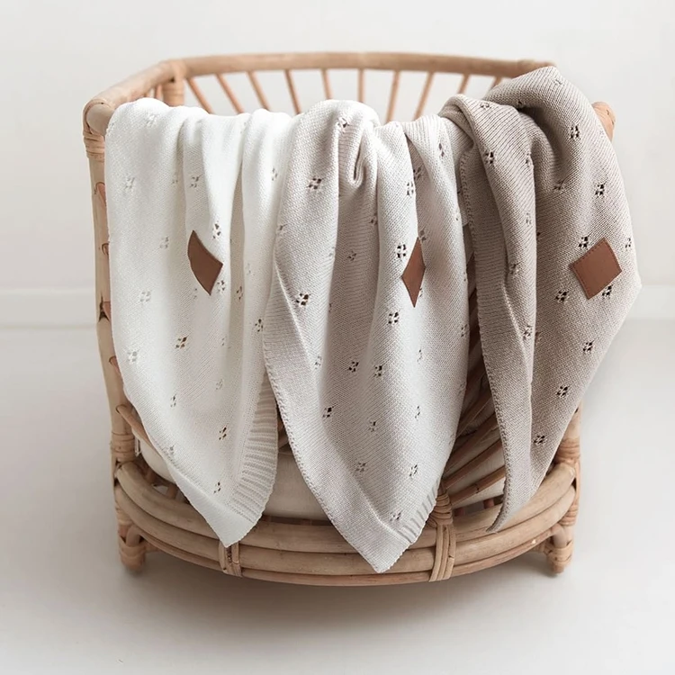 2024 new design super soft hollow organic cotton pointelle knit baby blanket knitted for newborn