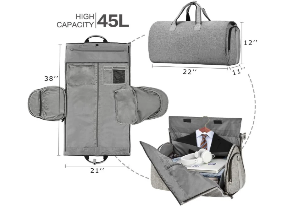 Convertible Garment Bag with Shoulder Strap 2 in 1 Hanging Suitcase Travel Duffel Bag Carry on Garment Duffel Bag for Men