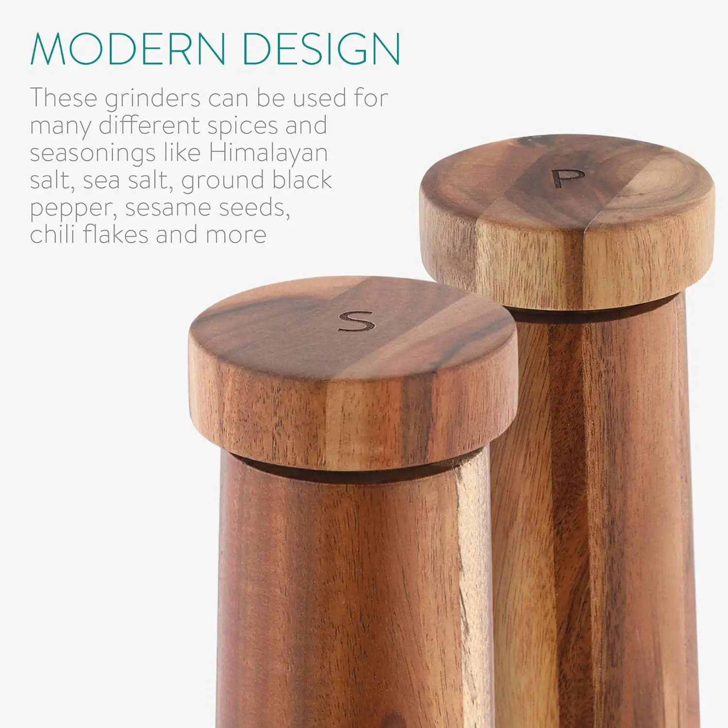Salt and Pepper Mill Set - Adjustable Acacia Wood Salt and Pepper Grinders Shakers with Ceramic Grinding Core for Home