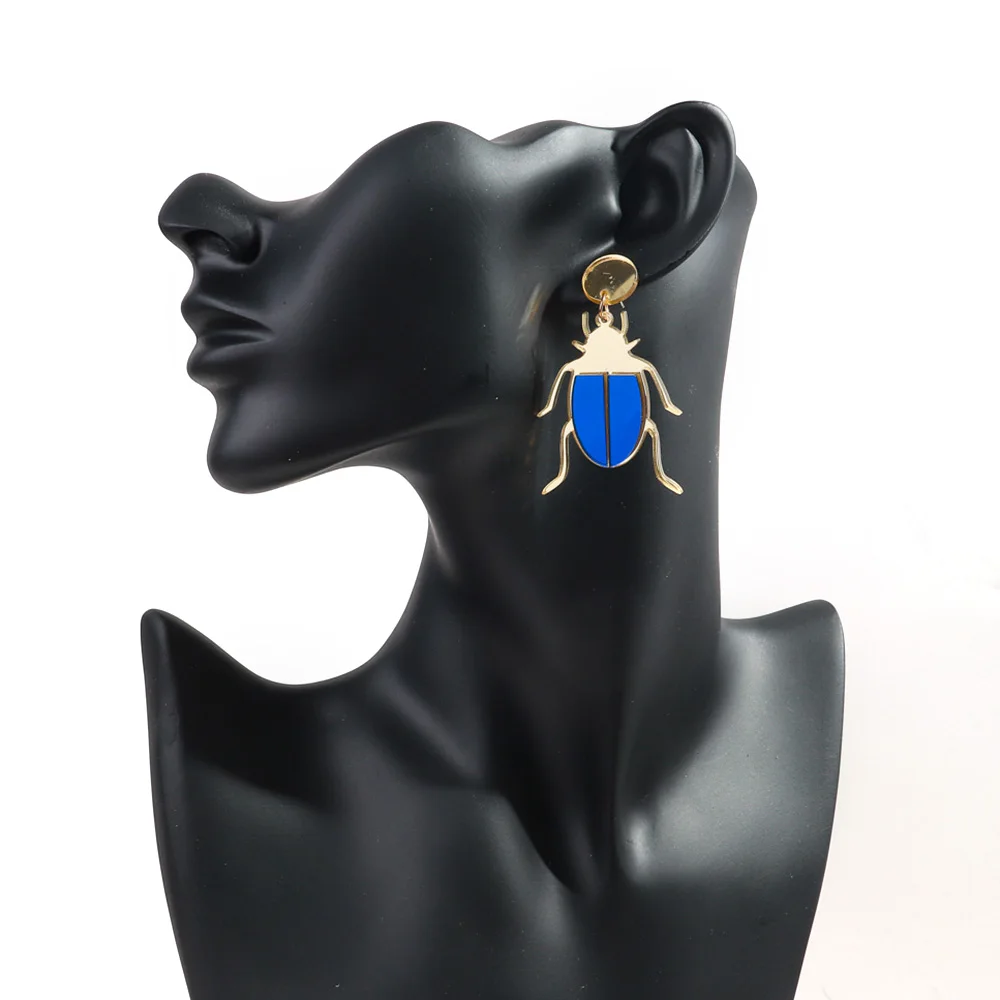 Funky Office Casual Jewelry Funny Insect Animal Cartoon Beetle Ladybug Hip Hop Gold Mirror Prank Acrylic Drop Earrings for Women