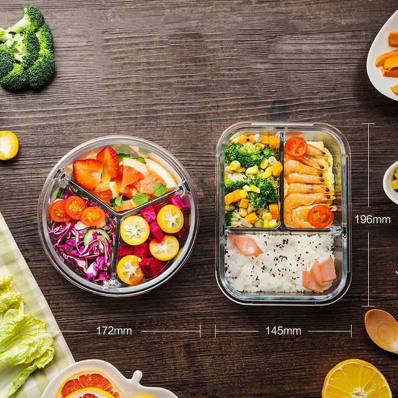 3 Compartments Round And Square Glass Lunch Box Microwave Oven Safe Japanese Students Adult Sealed Creative Cute Lunch Bento Box