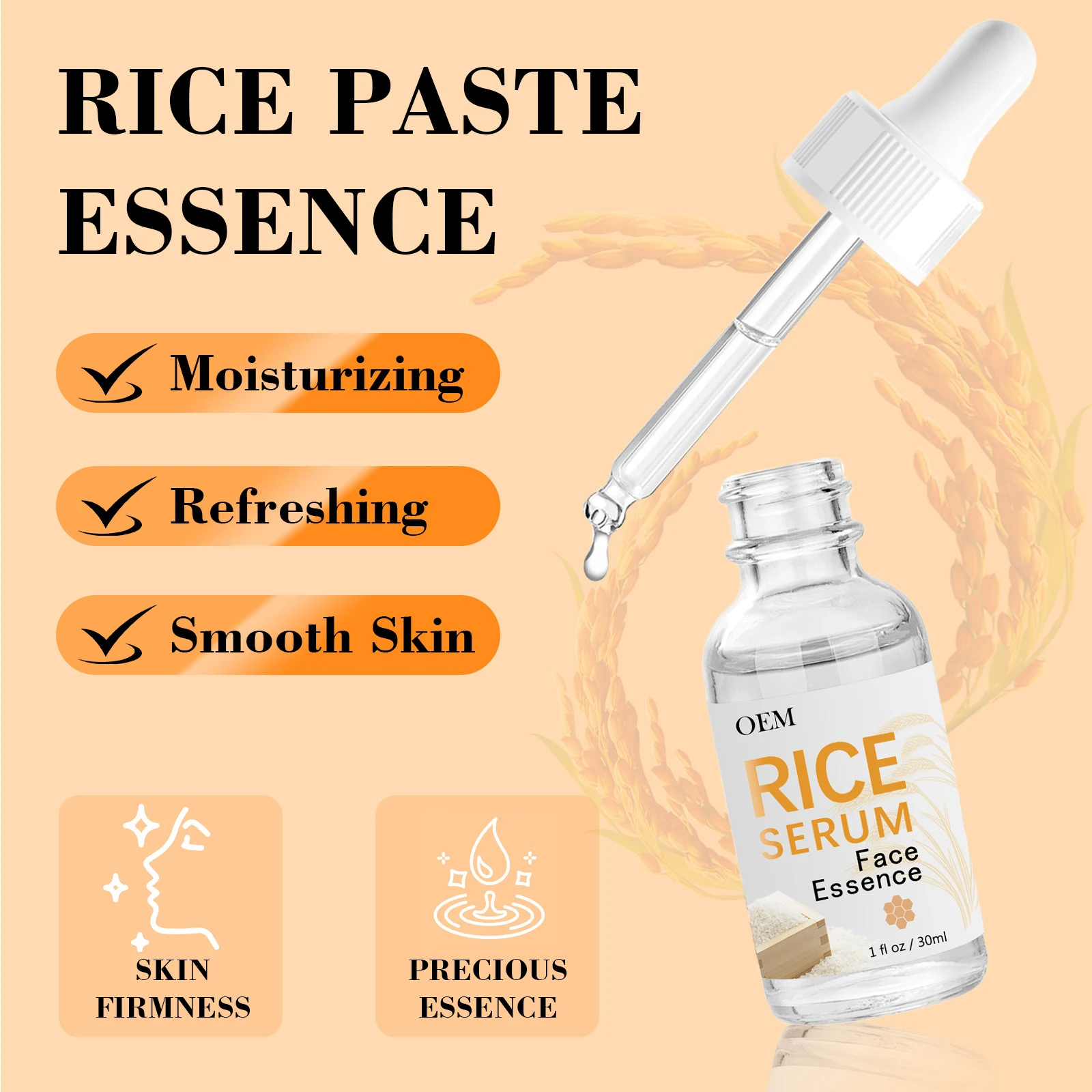 Private Label Rice Essence 30ML Korean Skin Moisturizing Rice Serum Brightening Glass Skin Effect
