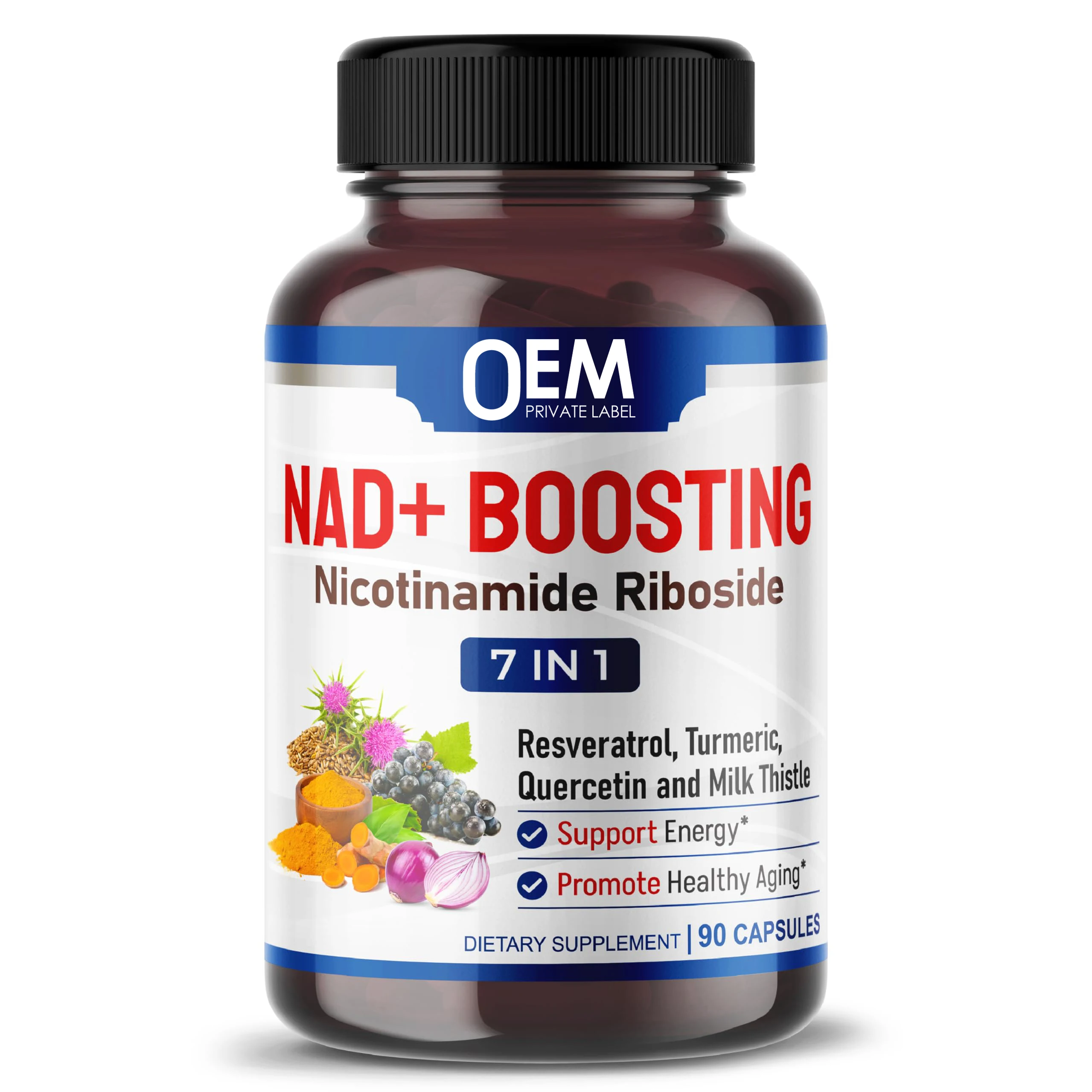 7 in 1 NAD+ Supplement Nicotinamide Riboside Trans Resveratrol Quercetin Milk Thistle NAD Capsules Support Cellular Energy