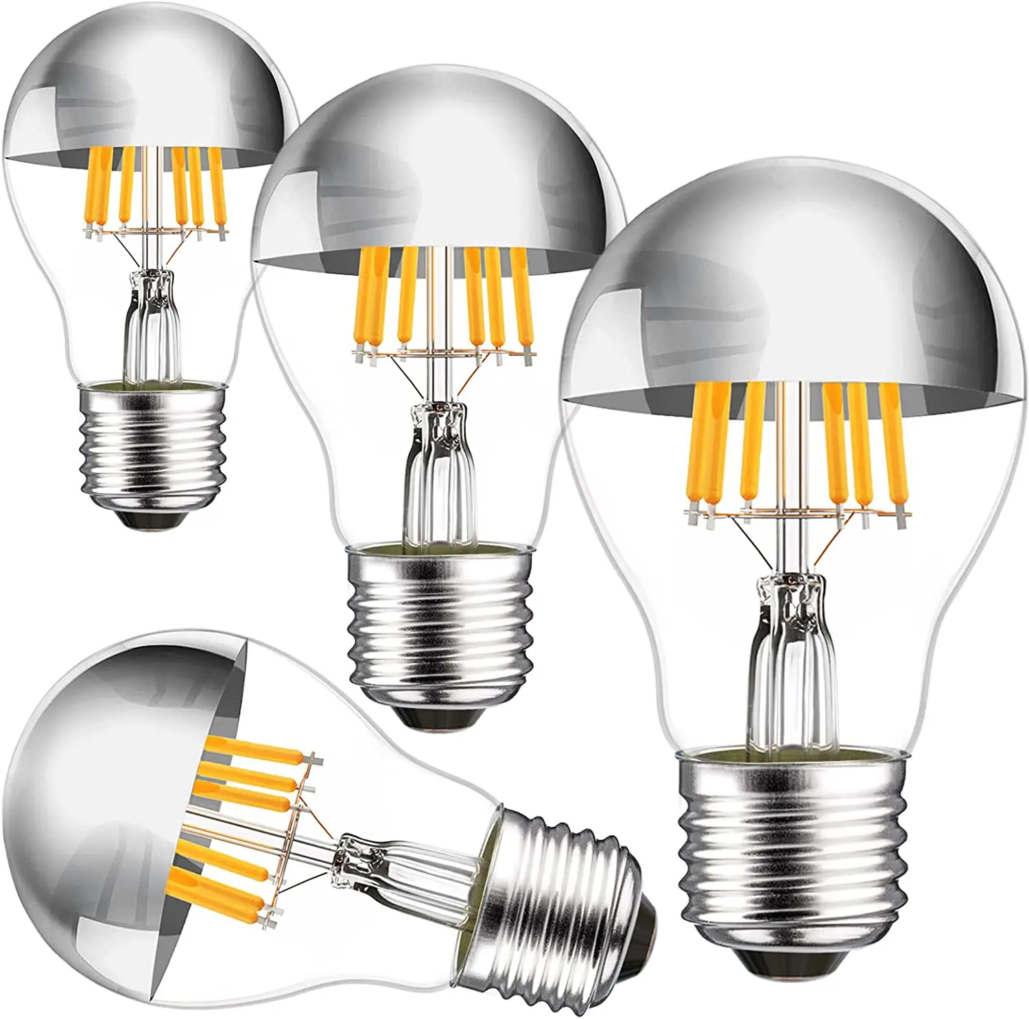 A19 LED Filament Bulb Half Silver Reflective Shadowless Lamp 2W 4W 6W A60 Energy Saving Half Chrome Mirror E27 Base DC/AC Power