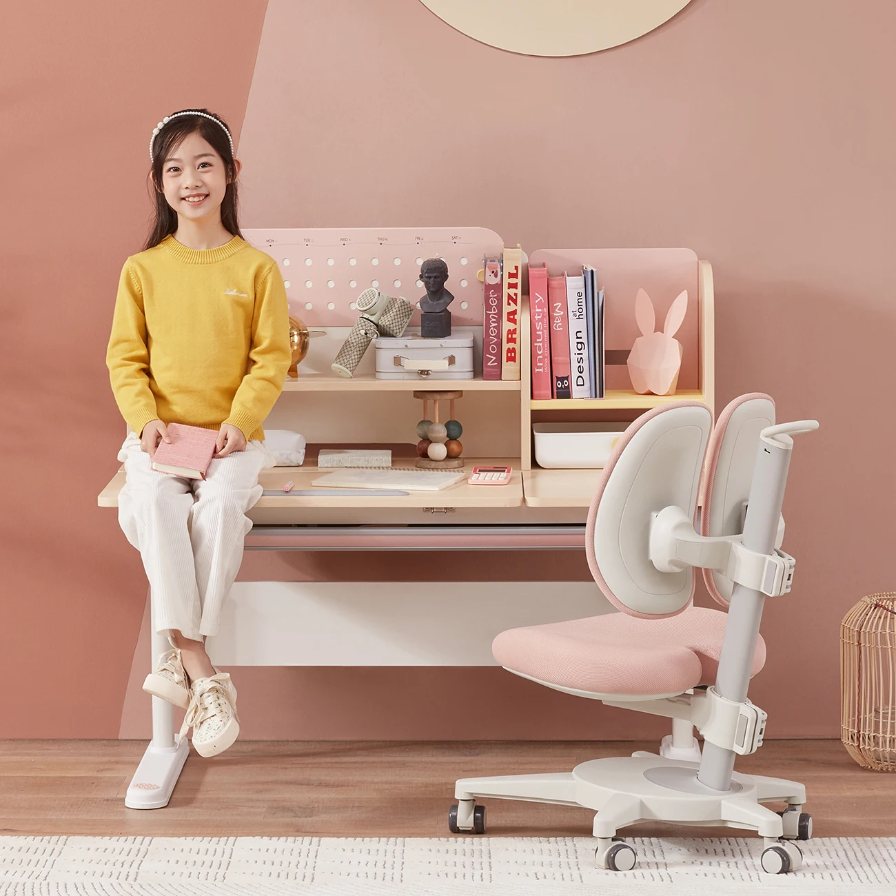 2M2KIDS Ergonomic Adjustable Child Desk Solid Wood Study Desk Tables with Bookshelf Table Study