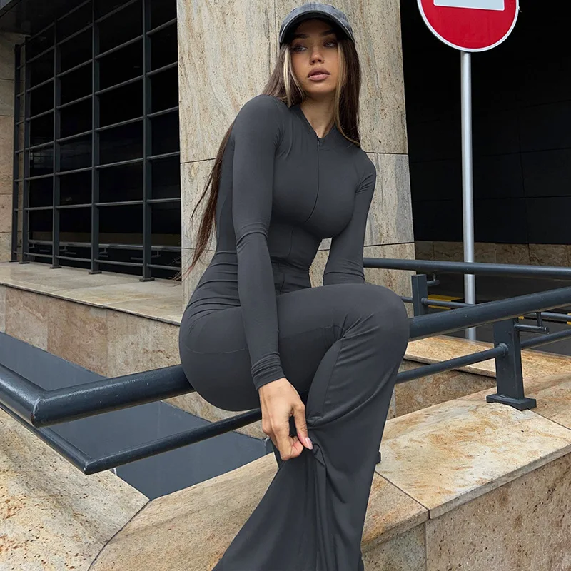 Fashion Zip-up Flare Pants Long Jumpsuits Women Fall Winter Sports Fitness Yoga Overalls Streetwear One Piece Bodysuits
