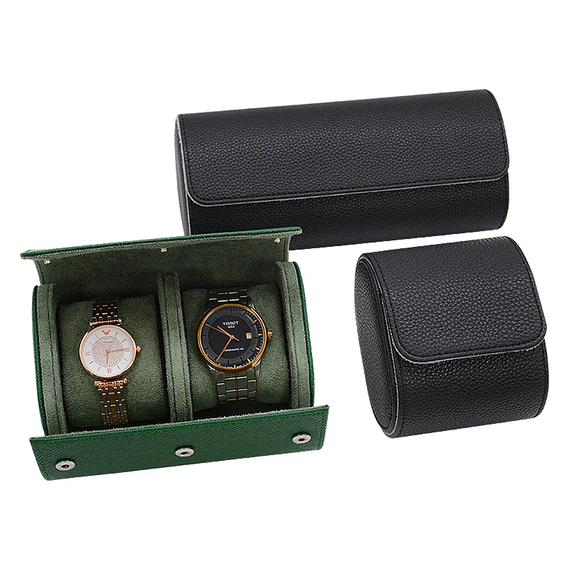 Luxury Custom Men Black Green Travel Watch Case Box Leather Watch Roll