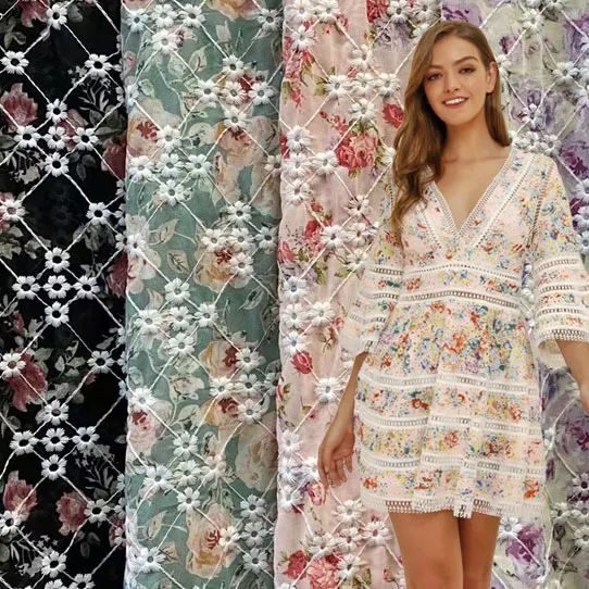 Высококачественная пряжа с вышивкой, полиэфирная ткань с принтом, хлопковая вышивка, цветочная ткань для платья, одежды