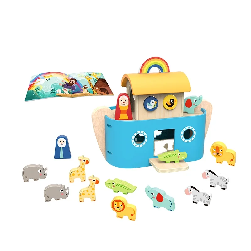 Wooden Noah Ark toy Baptism Game Animal Shape Sorter with Storybook Montessori Educational Toys for Kids