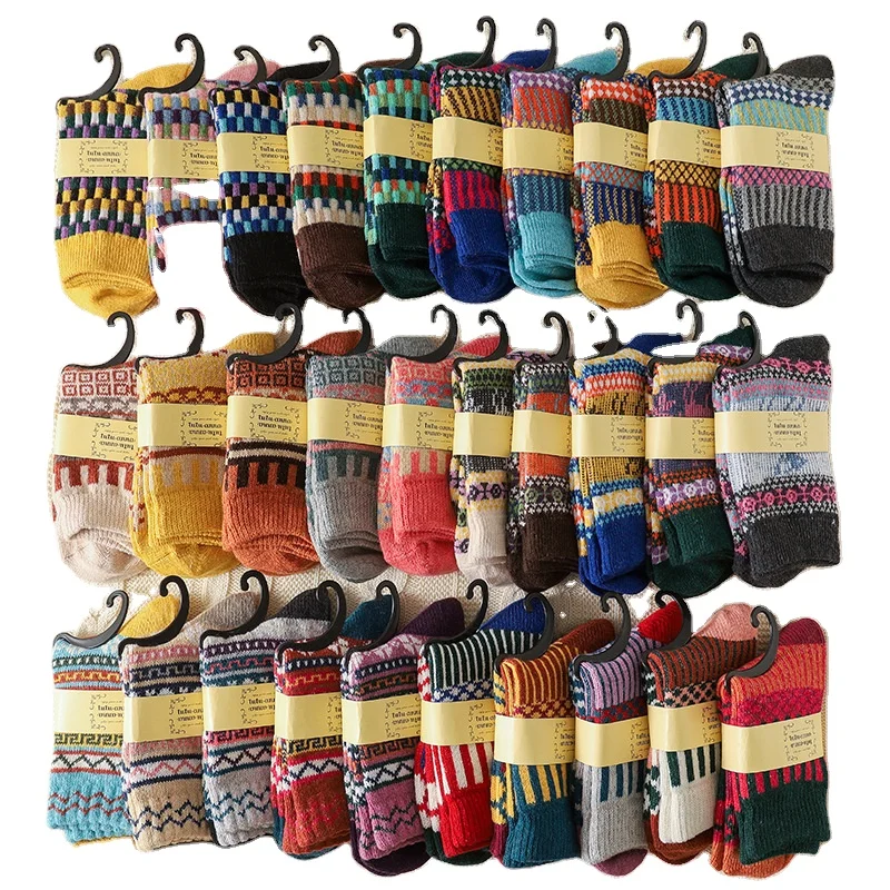 10 Pack Womens Wool Strip Crew Socks Winter Warm Socks Thick Knit Cabin Cozy Soft Nordic Socks