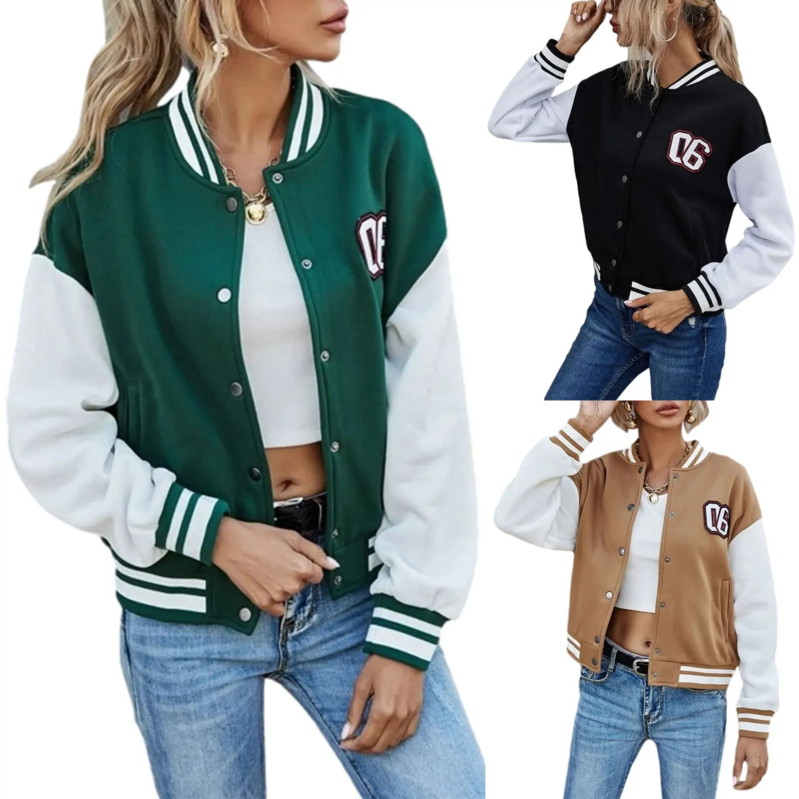 Wholesale Drop Shoulder High School Colorblock Long Sleeve Varsity Jackets Custom For Women