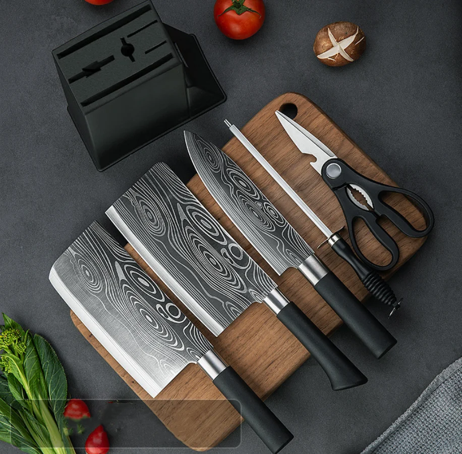6 pcs chef knife professional kitchen knife set 3Cr13 stainless steel knife set laser pattern with pp holder