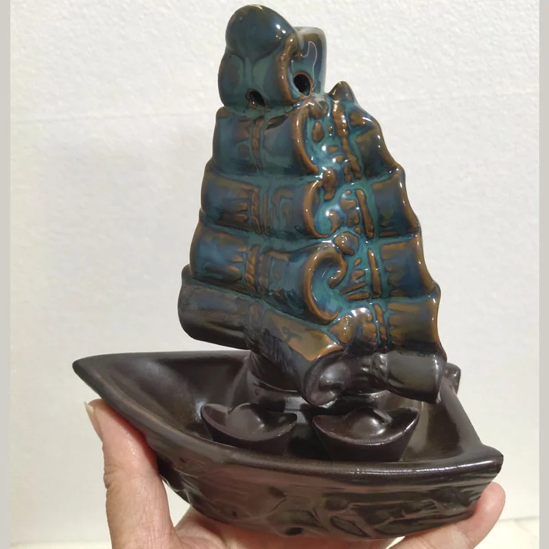 Ywbeyond New Design Ceramic Censer Sailing Boat Backflow Incense Burner Incense Cone Holder Waterfall