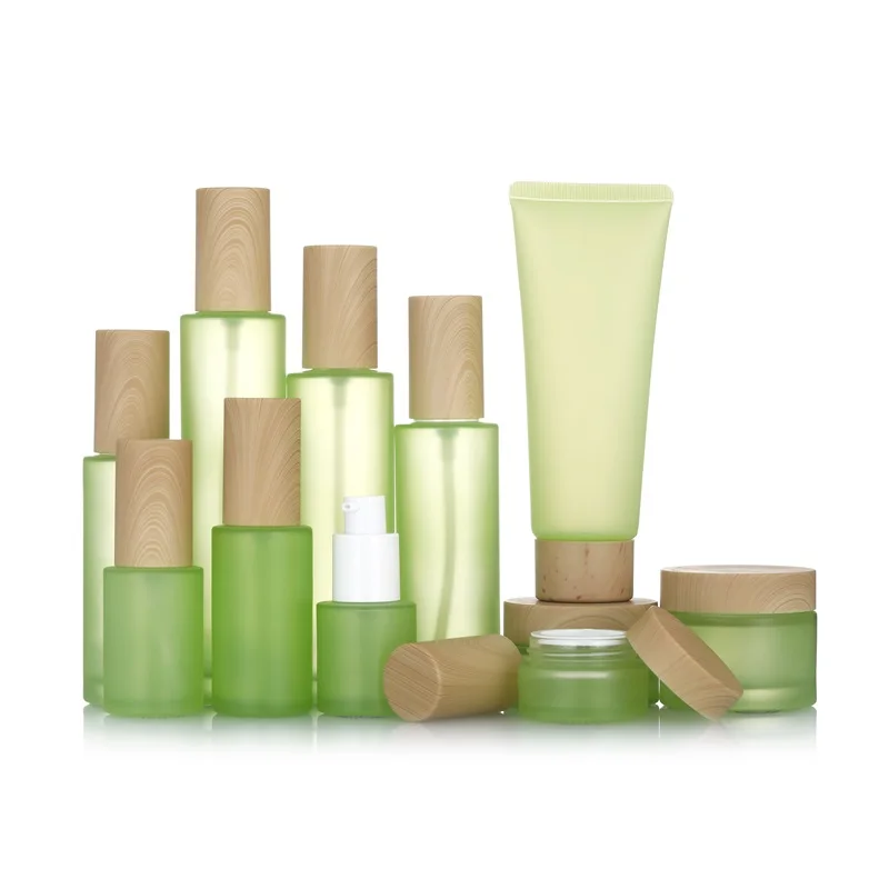 High Quality 30ml 60ml 80ml 100ml 120ml Matte Packaging Green Facial Cleanser Tube Cream Spray Glass Bottle Set For Cosmetic