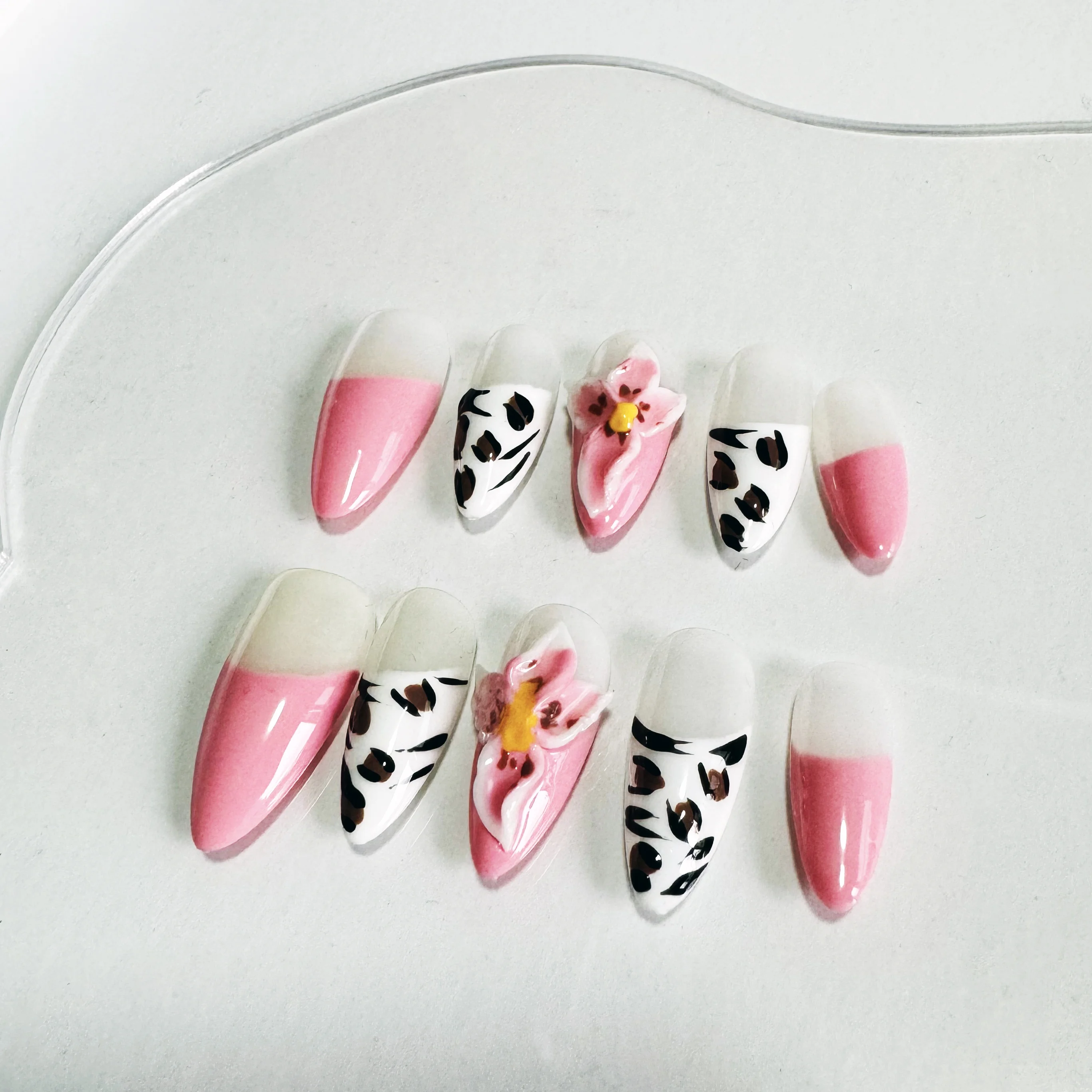 Almond Handmade Pinching Flowers French Dairy Cow 3D Blooming Artificial Press on Nails