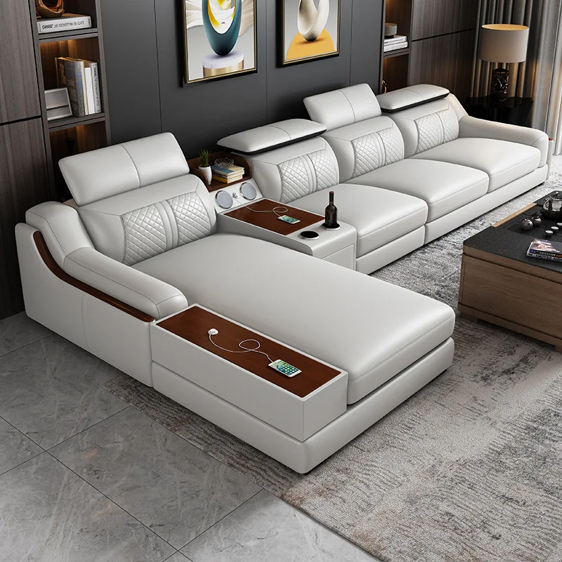 Italian modern multifunctional sofa light luxury Faux Leather sectional sofa couch with USB charging and bluetooth speaker