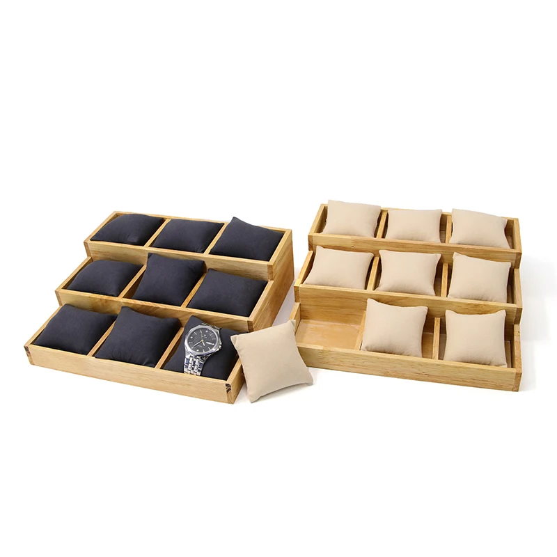 Wholesale hot sale watch bracelet display props beige solid wood 3-layer 9-position pillow tray
