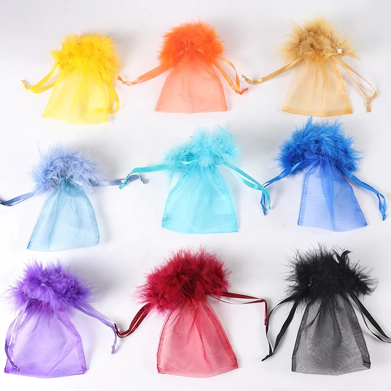 Custom Organza Bag 7x9 Wholesale Feather Organza Drawstring Pouches Gift Bags Jewelry Pouch Storage Fur Organza Bags