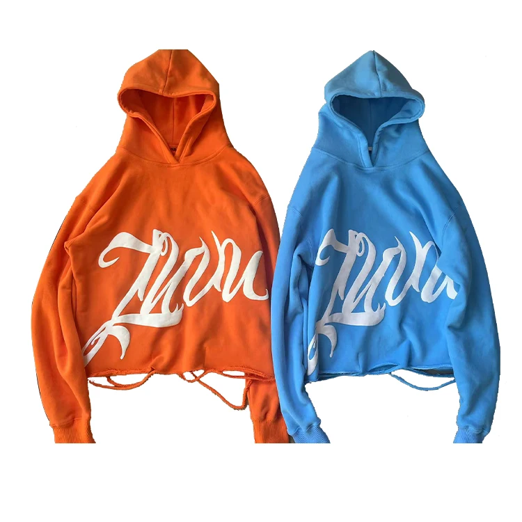Wholesale Streetwear Puff Printing No String Cut Edge Hoodies Custom Logo 100% Cotton Raw Hem Hoodie For Men