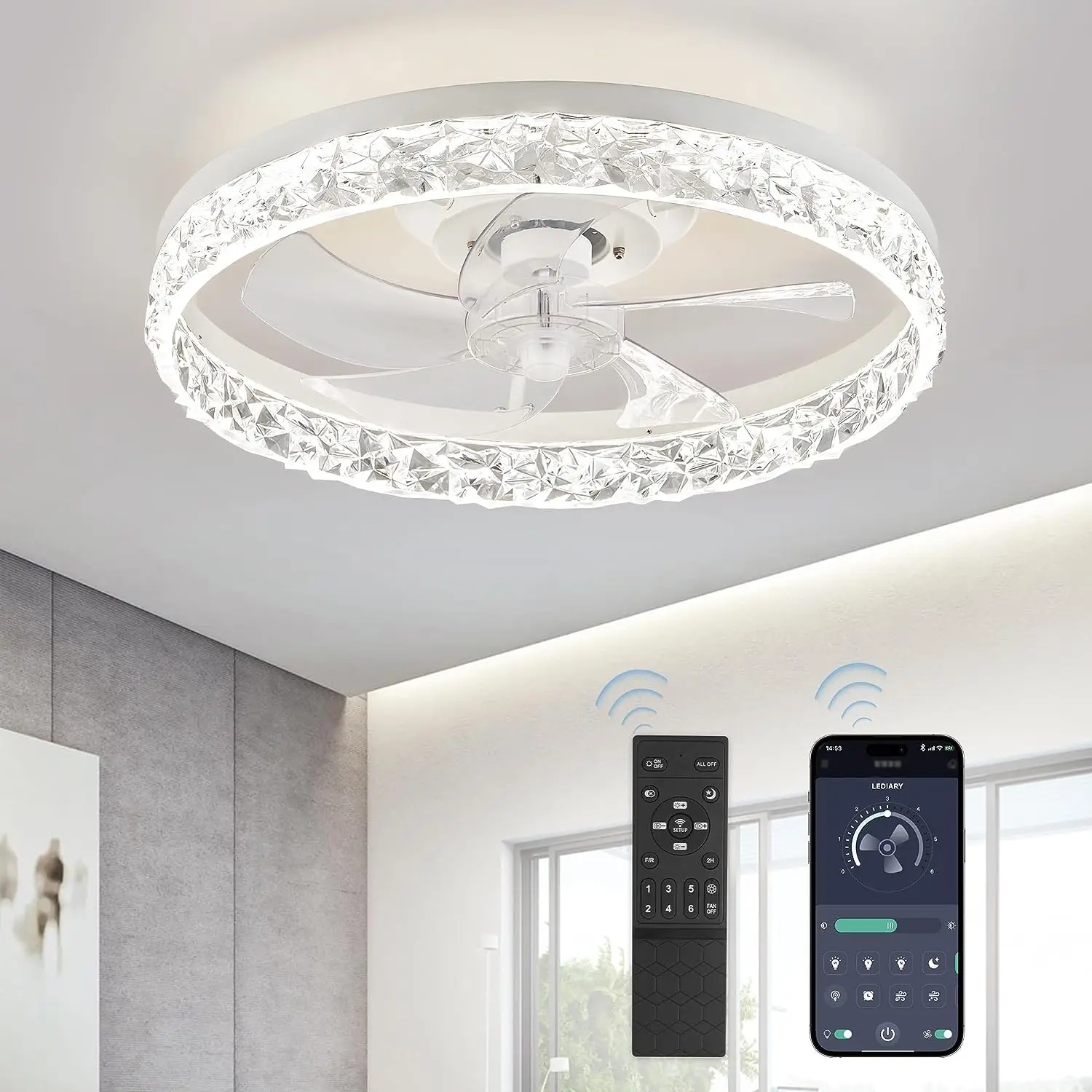 25 inch Modern Smart Ceiling Fan with Light DV Motor indoor Ceiling Fans for Patios 6 speed Bedroom Living Room
