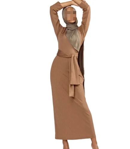 Robe Femme Tie Waist Maxi Dress With Belt Islamic Muslim Clothing Soft Smooth Modern Long Sleeve Dress Muslim Girl For Outd