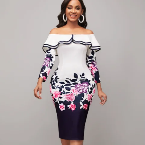 Custom Women Elegant Casual Shirt Dress For Ladies Flounce Off Shoulder Floral Print White Dress