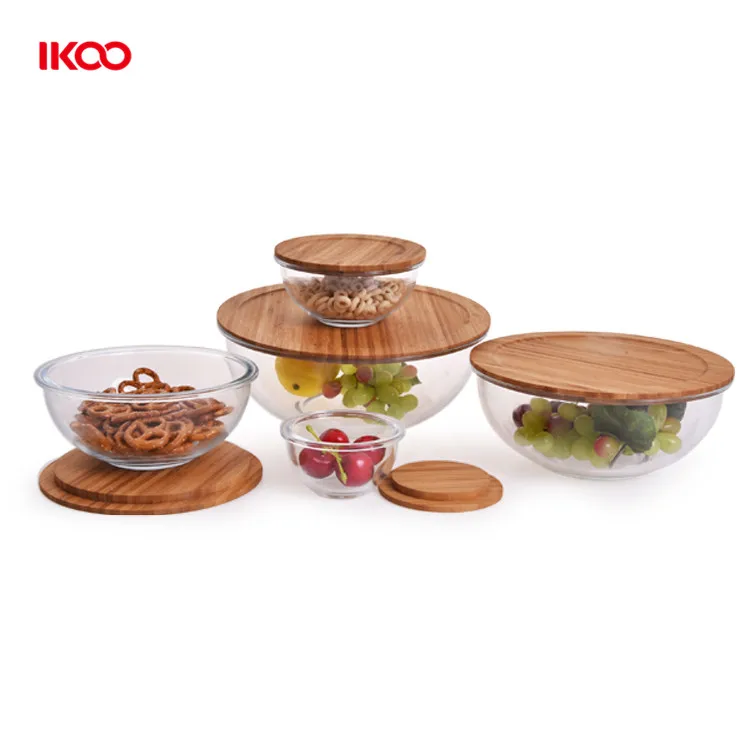 round glass fruit salad food prep serving bowl glass mixing bowl with wood lid