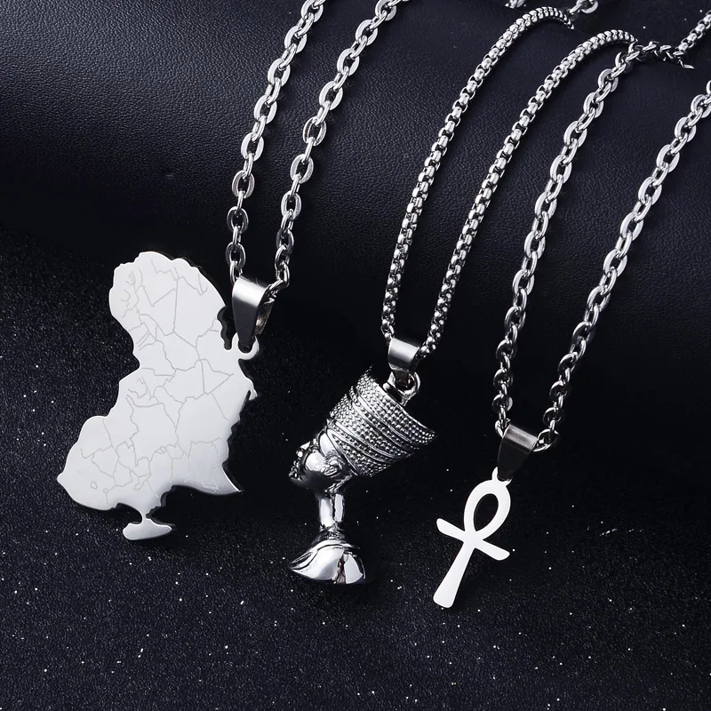 Hot Selling Waterproof Non Tarnish Jewelry Stainless Steel 18k Gold Plated Egyptian Queen Nefertiti Ankh Africa Map Necklace Set