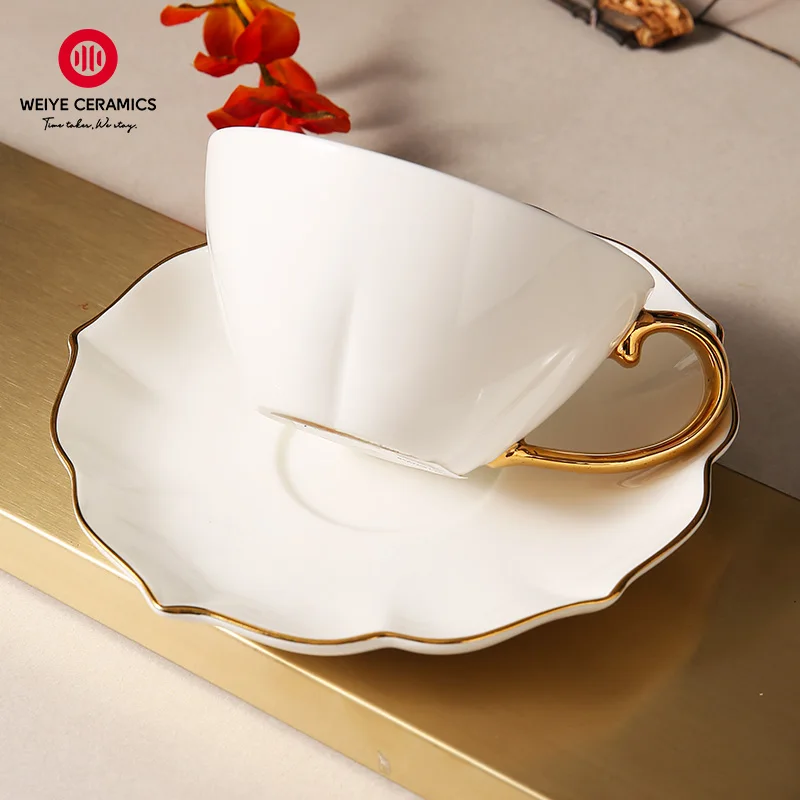 WEIYE Luxury Decorative White Golden Rim Cappuccino Espresso Cups Coffee Mug Ceramic Tea Coffee Cups Saucer