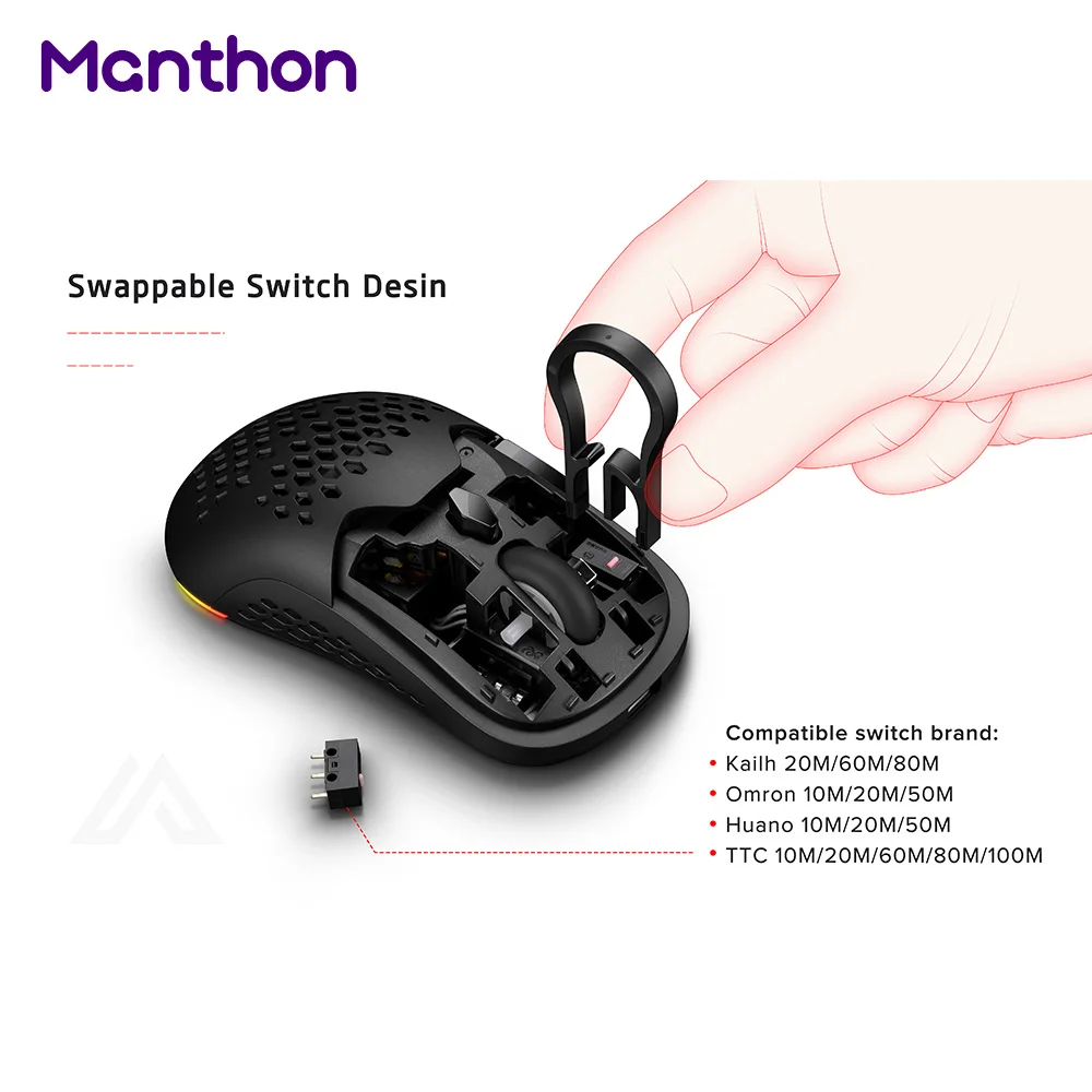 Newest 3-Mode 2.4g BT 5.0 USB Hotswap Gaming Mouse with Hot Swap Swappable Switches Removable Black White Red Honeycomb Shell