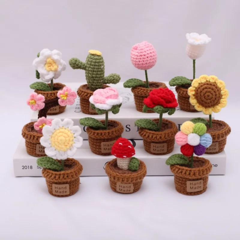 Christmas Valentines Day Gift Handmade Knitted Crochet Potted Flower Mini Flower Crochet Vase Crochet Flowers in Pots