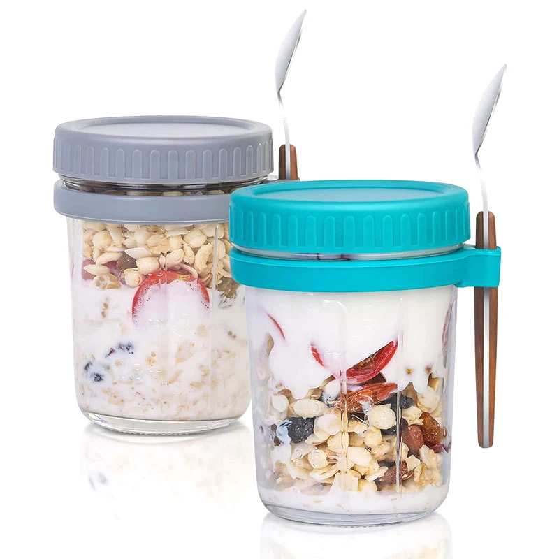 Recyclable  Overnight Oats Jars With Lid And Spoon 350ml Oatmeal Container With Measurement Marks With Lid For Cereal Milk