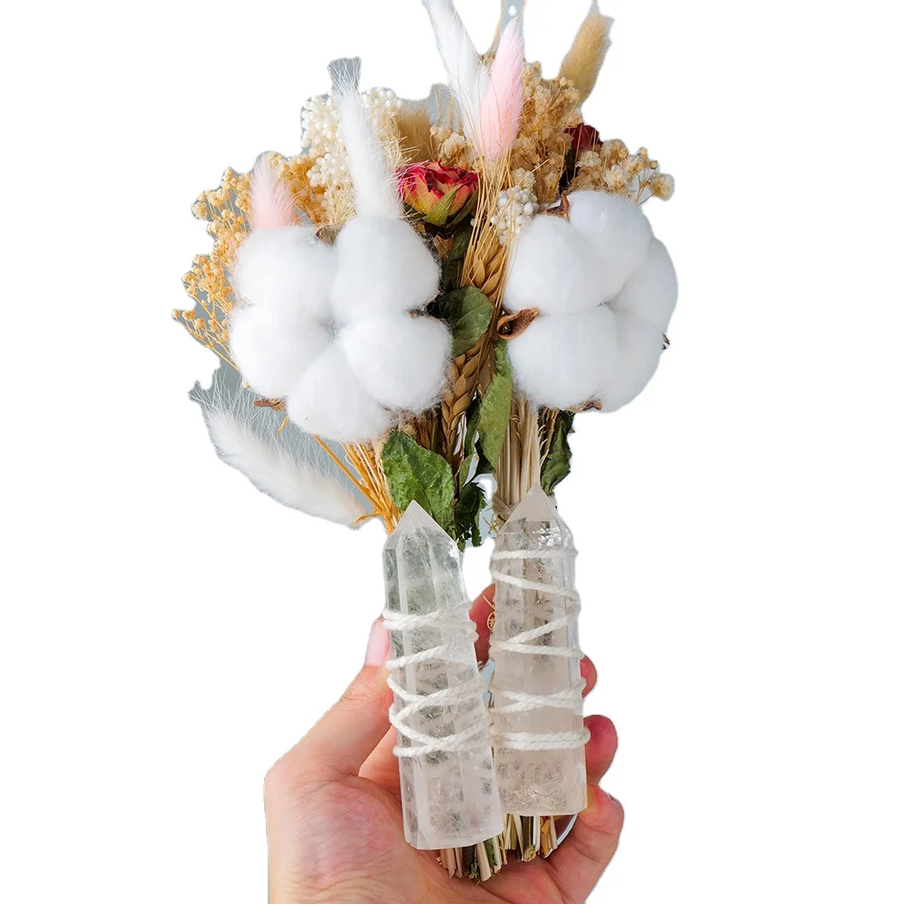 Wholesale dried flower bouquet with crystal point natural quartz tower graduation gifts room decoration