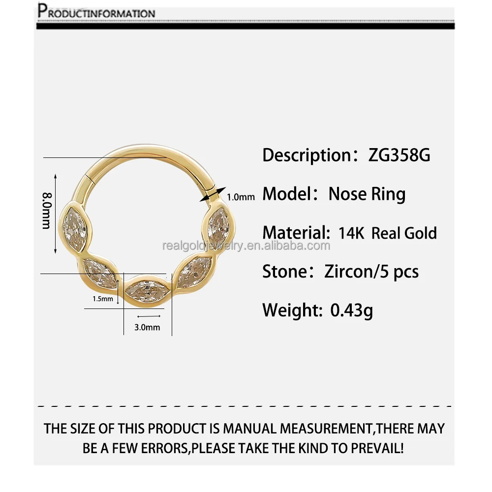 AU585 14k Solid Yellow Gold Body Jewelry Classic Unisex Cartilage Earrings Cute Zircon Fine Septum Nose Ring