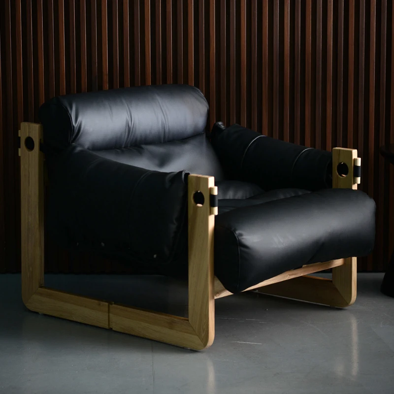 Solid Wood French Vintage Single Sofa Chair walnut Wax Jersey Black Genuine Leather Casual Living Room Bedroom Lazy style
