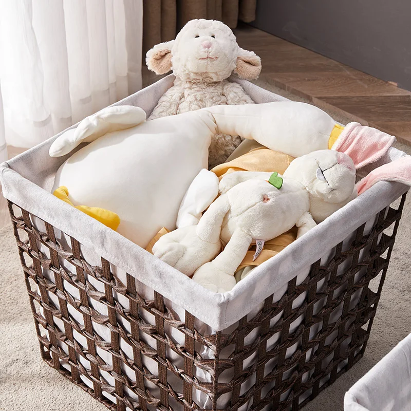 Factory wholesale sundries storage basket laundry basket like rattan woven with pure face linen lining cloth factory packaging