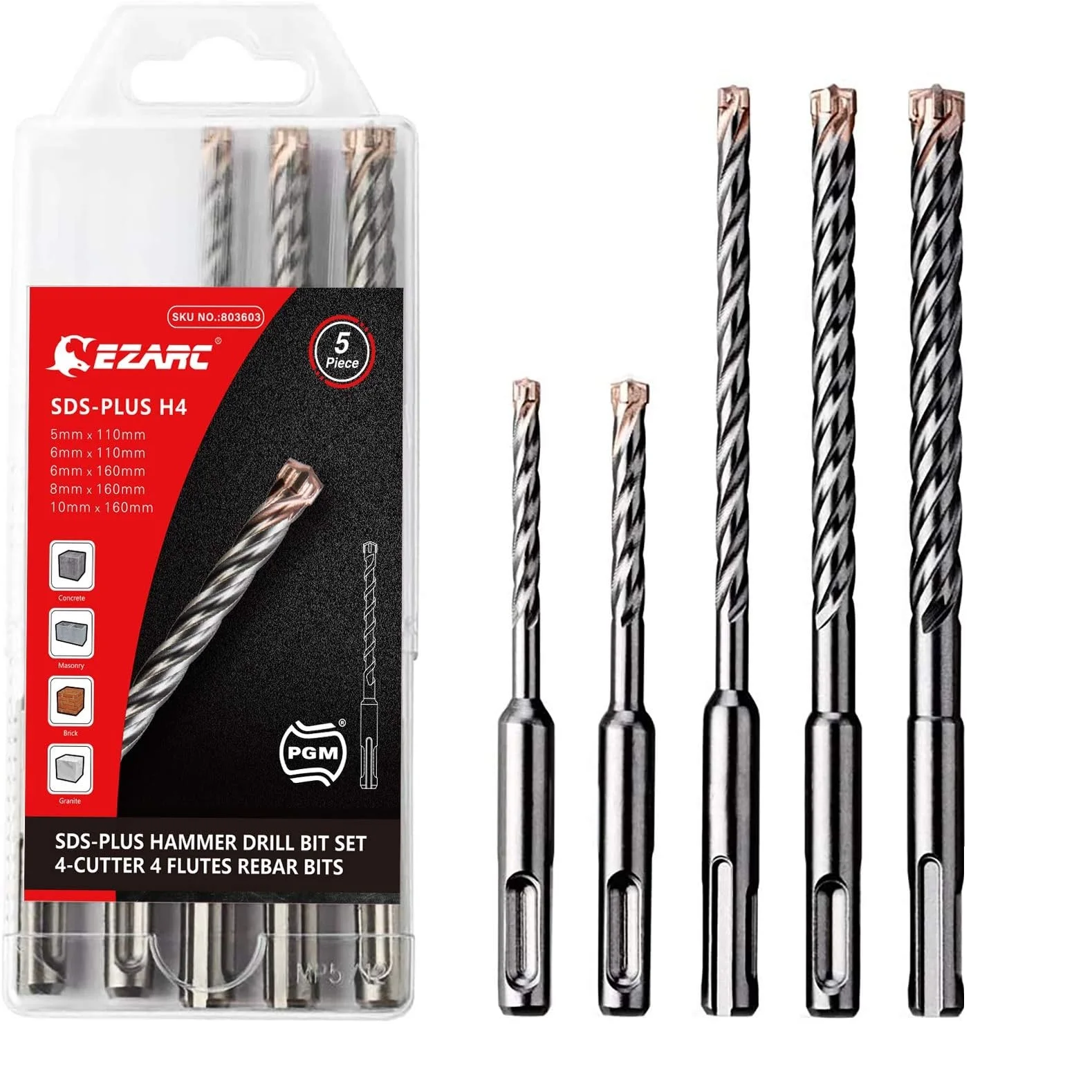 EZARC PGM Masonry Drill Bit Set 5PC SDS-Plus Hammer Drill Bits 4-Cutter Carbide