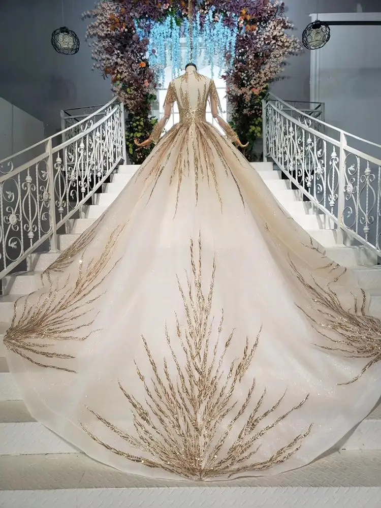HTL871 Jancember Long Sleeve Lace Wedding Gown With Long Train Golden Heavy Beaded Vestido De Noiva