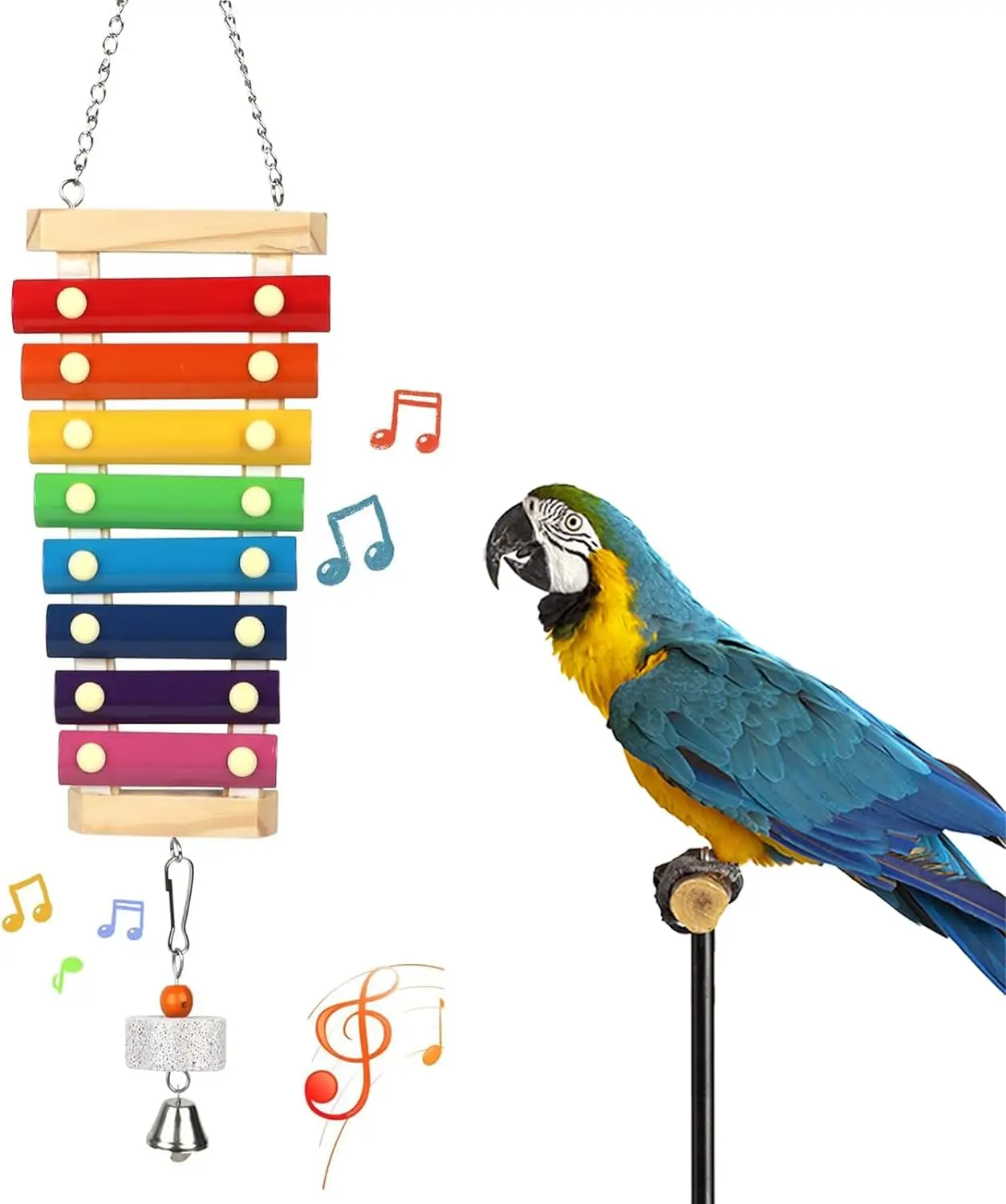 Bird Xylophone Toy,Coloful Natural Wooden Bird Chewing Toys with Grinding Stone  for Variety of Amazon Parrots,