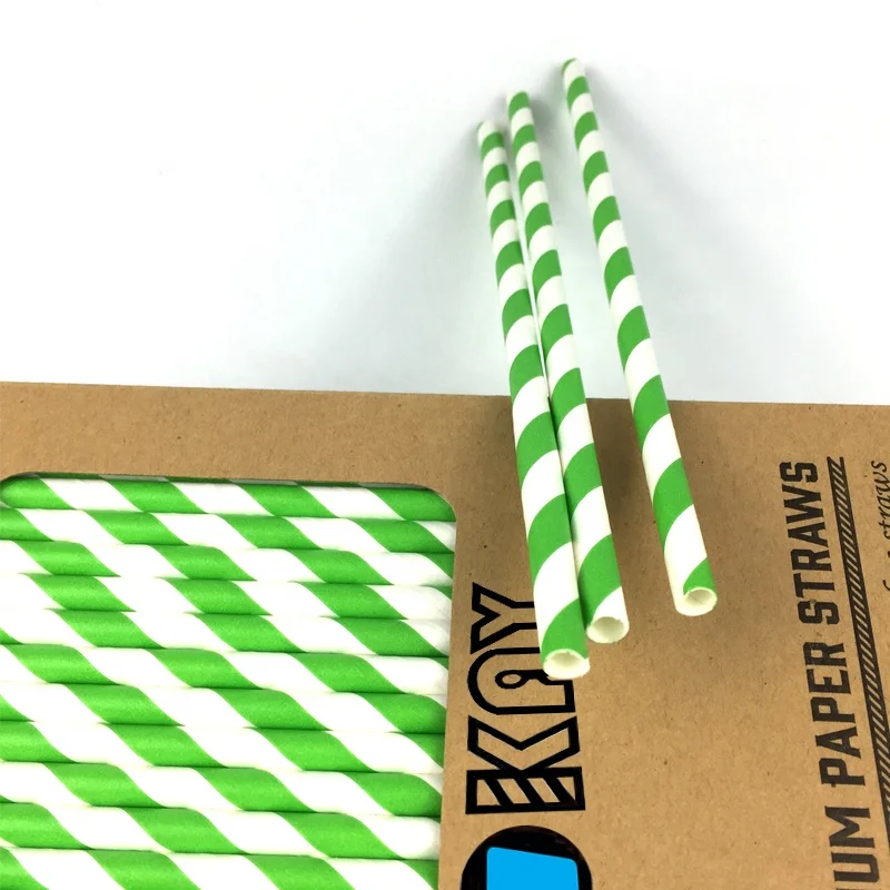 200 Pack Biodegradable Green and White Striped Paper Straws