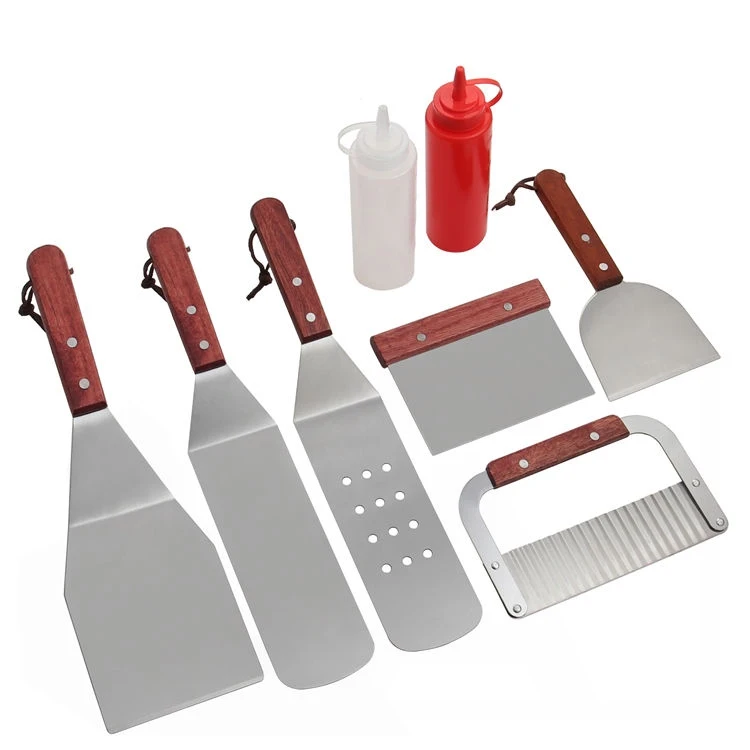 8pcs Stainless Steel  Barbecue Tool Set Spatula Flipper Solid Turner Slotted Turner Scraper Portable Barbecue Accessories