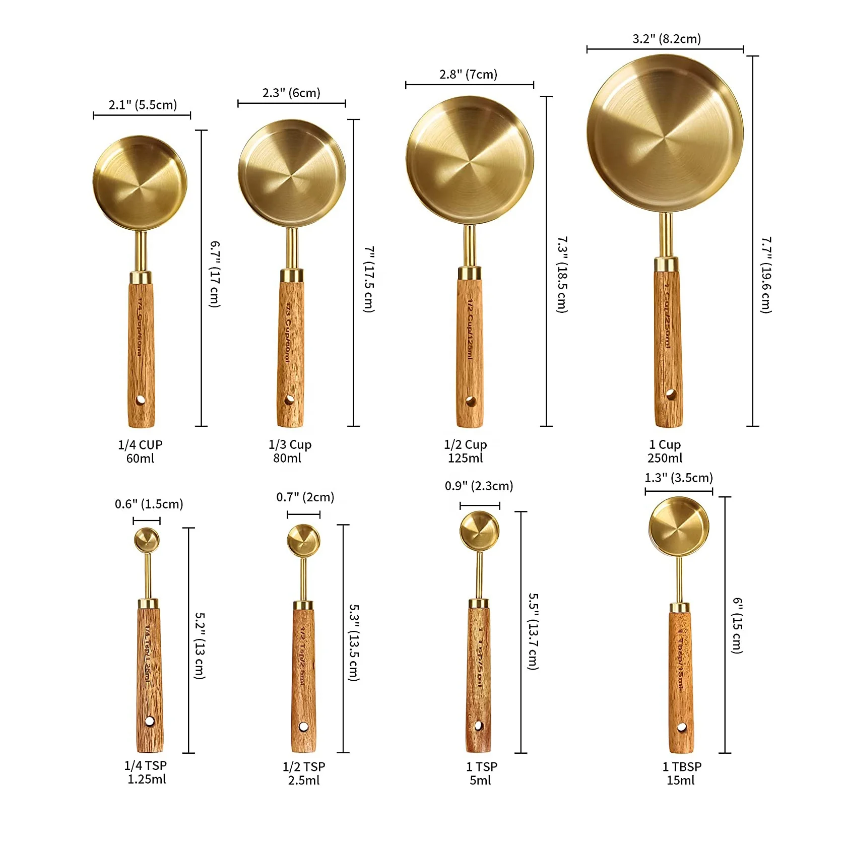 8 Piece Stainless Steel Gold Measuring Cups and Spoons Set with Wood Handle
