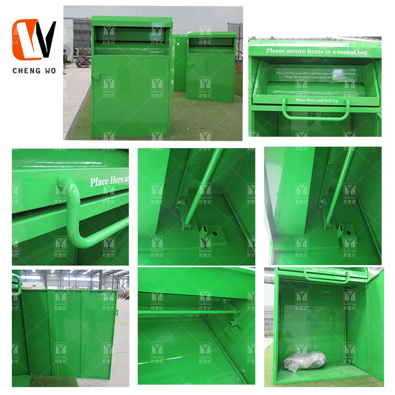 Customized Used Clothes Collection Banks Standing Metal Donate Recycle Bin donation drop box