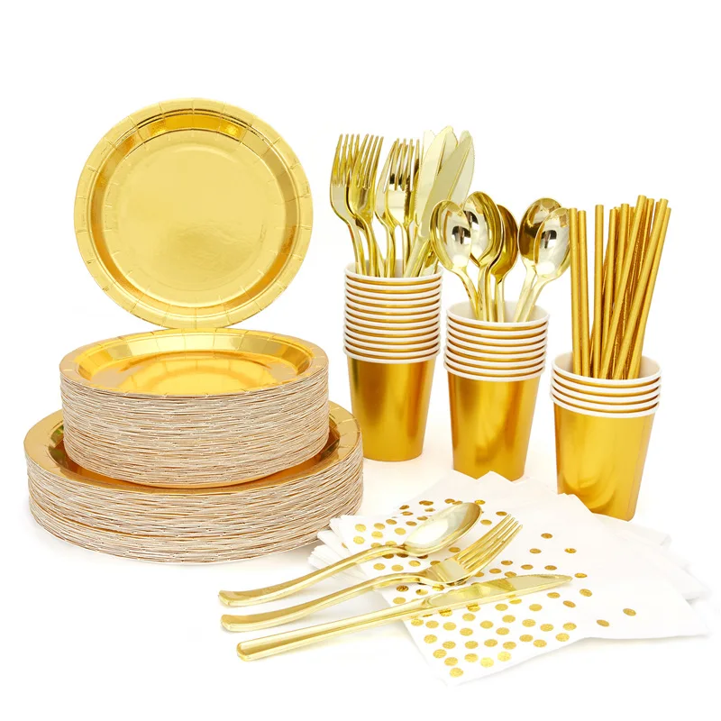 Wedding Party Happy Birthday Party Luxury Tableware set Disposable Tableware Paper Cups Paper Plates Napkins Set