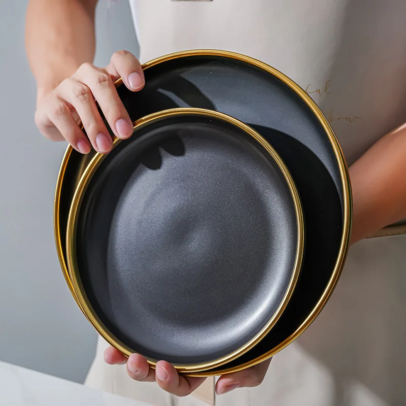 Nordic Style Matte Black Luxury Gold Rim Multi Size Plate Set Ceramic Tableware Sets Porcelain Soup Noodle Plates Sets